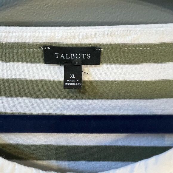 Talbots Green White Striped Blouse XL Button Detail Shirt Preppy Coastal Classic - Picture 10 of 10